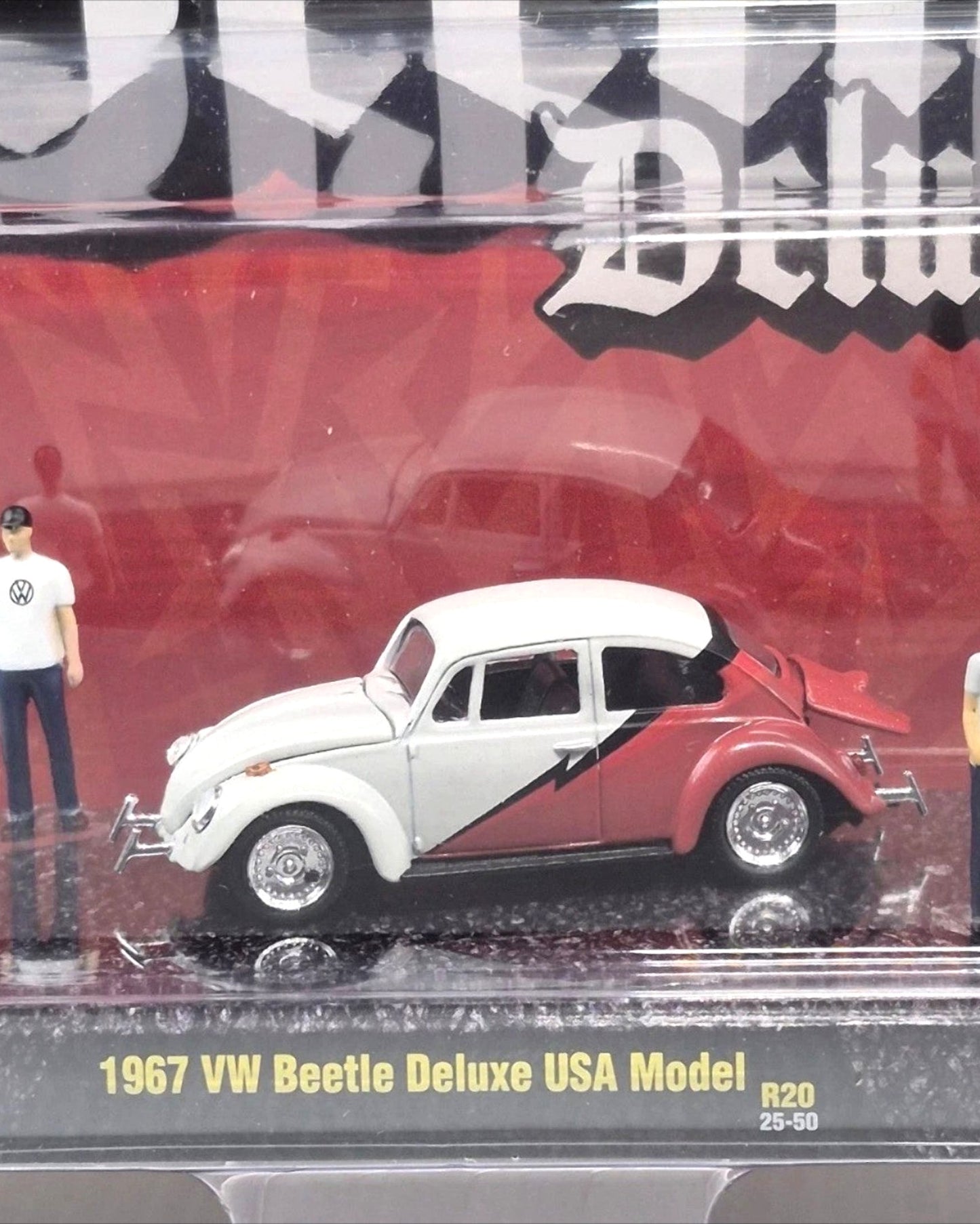 More Than Diecast M2 Machines 1967 VW Beetle Deluxe USA model in white and red with a custom lightning bolt graphic