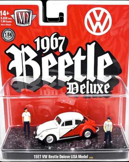More Than Diecast M2 Machines 1967 VW Beetle Deluxe model car in red and white with two miniature figures in packaging