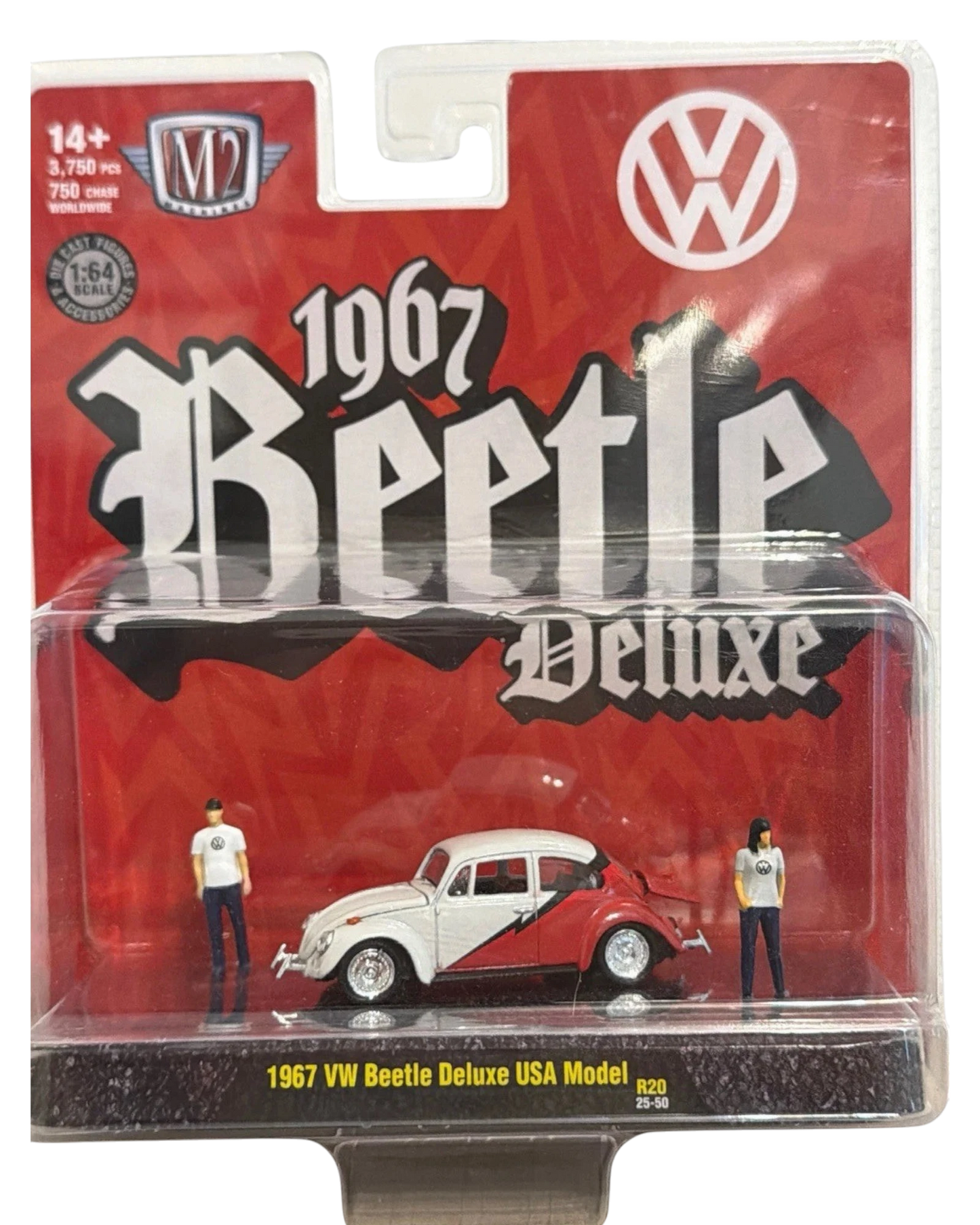 More Than Diecast M2 Machines 1967 VW Beetle Deluxe USA model in white and red with two miniature figures in packaging