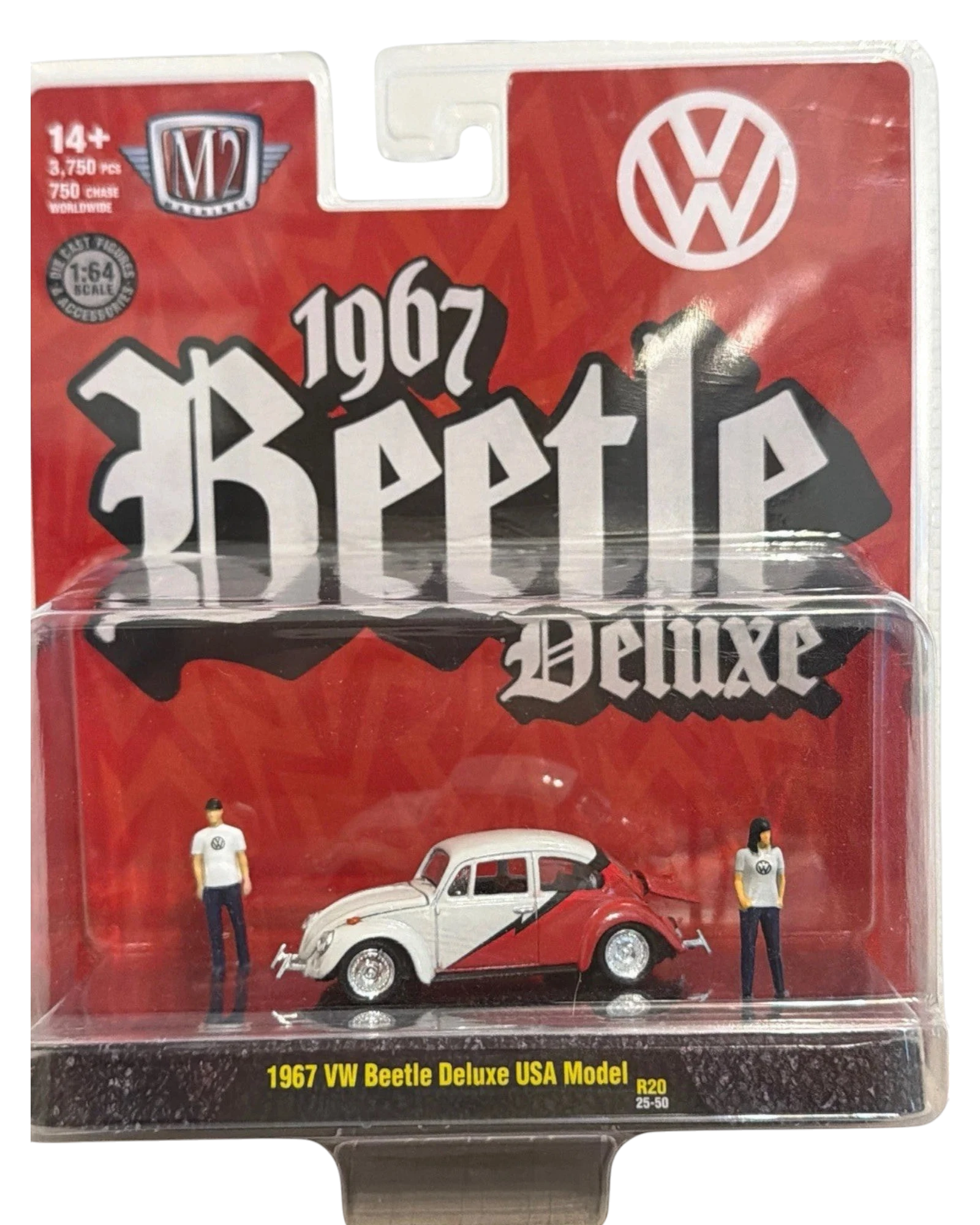 More Than Diecast M2 Machines 1967 VW Beetle Deluxe USA model in white and red with two miniature figures in packaging