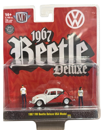 More Than Diecast M2 Machines 1967 VW Beetle Deluxe USA model in white and red with two miniature figures in packaging