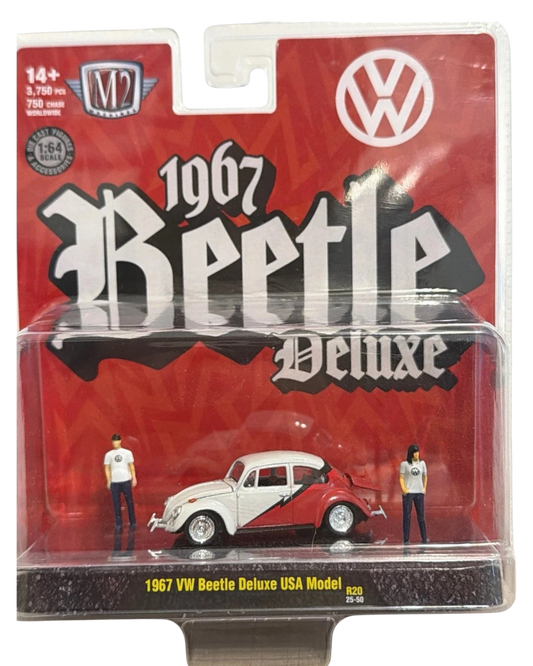 More Than Diecast M2 Machines 1967 VW Beetle Deluxe USA model in white and red with two miniature figures in packaging
