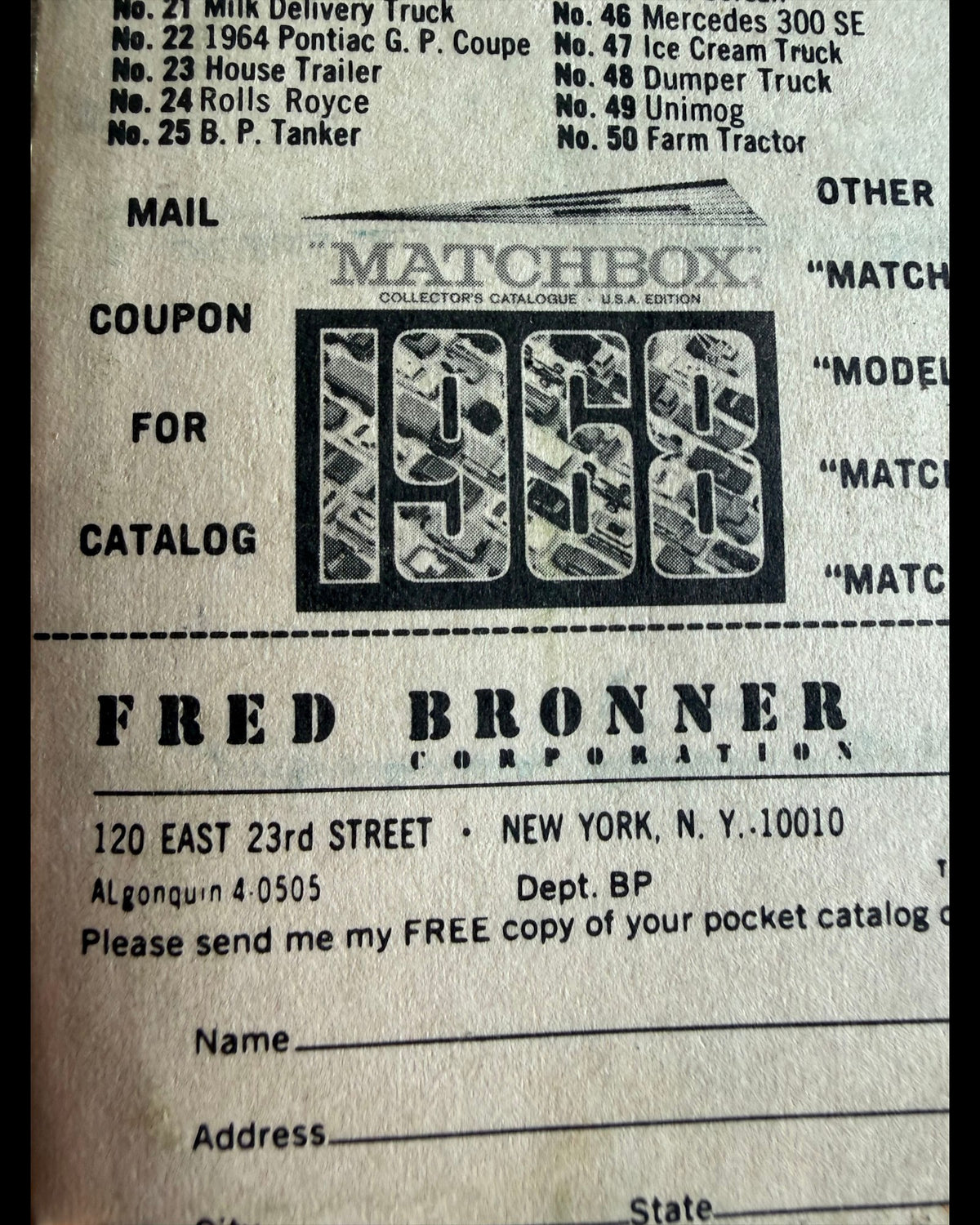 More Than Diecast vintage 1968 Matchbox collector catalogue mail-in coupon for a free catalog