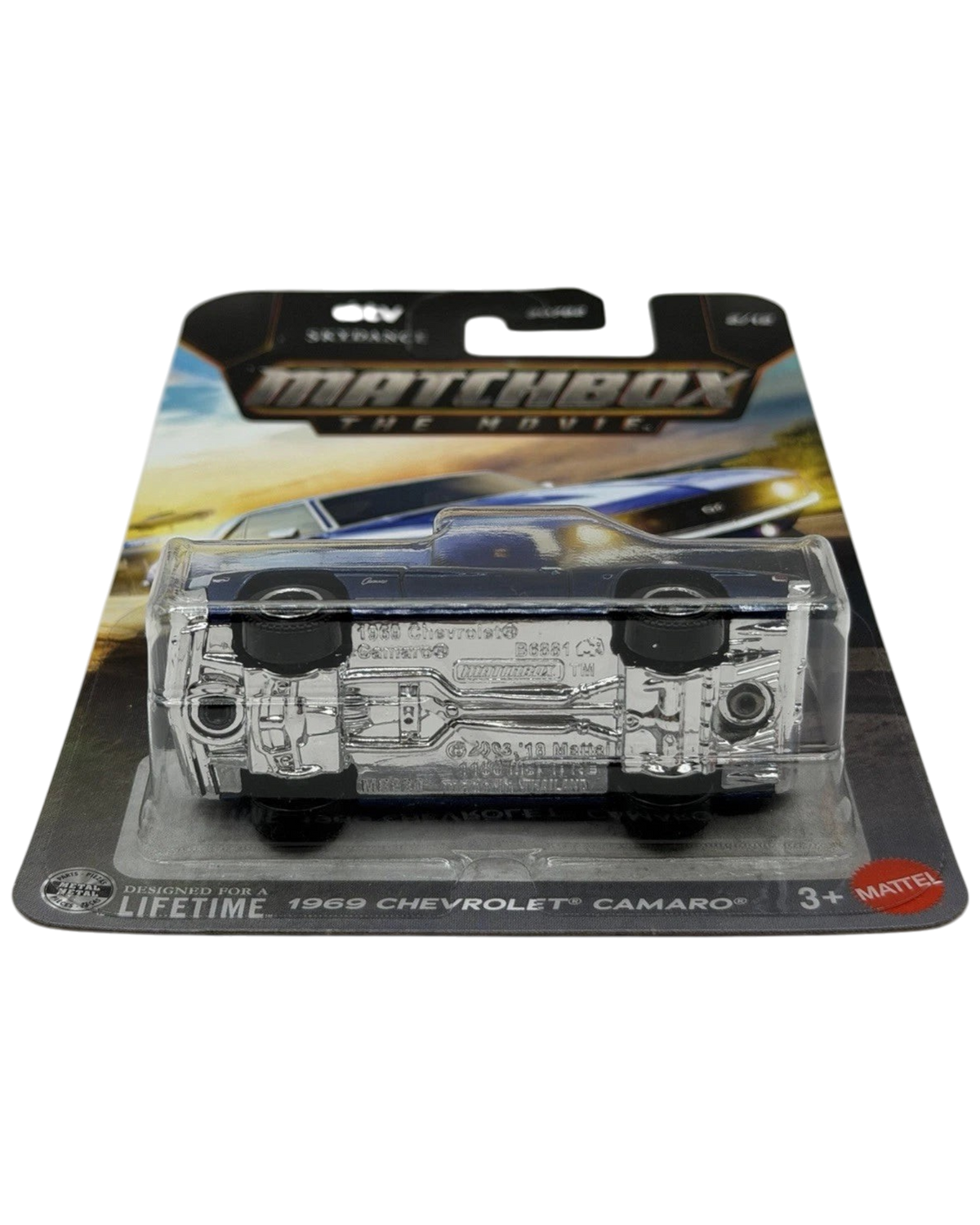 More Than Diecast 1:64 scale blue 1969 Chevrolet Camaro die-cast car from the Matchbox The Movie series in packaging.