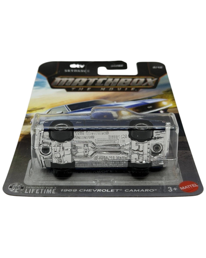 More Than Diecast 1:64 scale blue 1969 Chevrolet Camaro die-cast car from the Matchbox The Movie series in packaging.