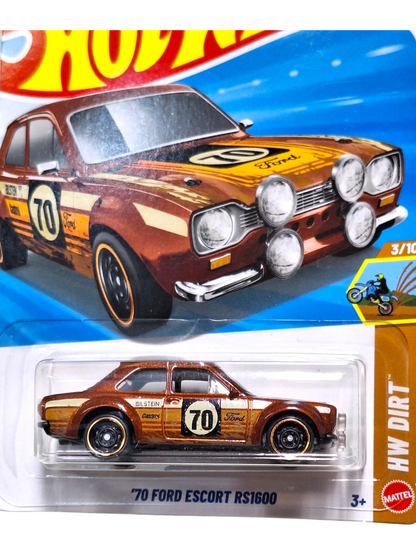 More Than Diecast 1:64 scale 1970 Ford Escort RS1600 HW Dirt series diecast car, metallic brown with racing decals and rally lights.