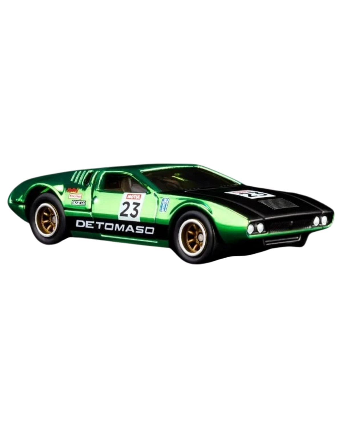 More Than Diecast Hot Wheels 1971 De Tomaso Mangusta in Spectraflame green with gold-accented wheels and racing decals.