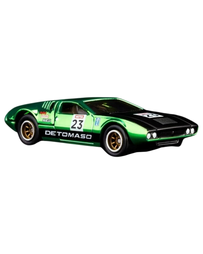 More Than Diecast Hot Wheels 1971 De Tomaso Mangusta in Spectraflame green with gold-accented wheels and racing decals.