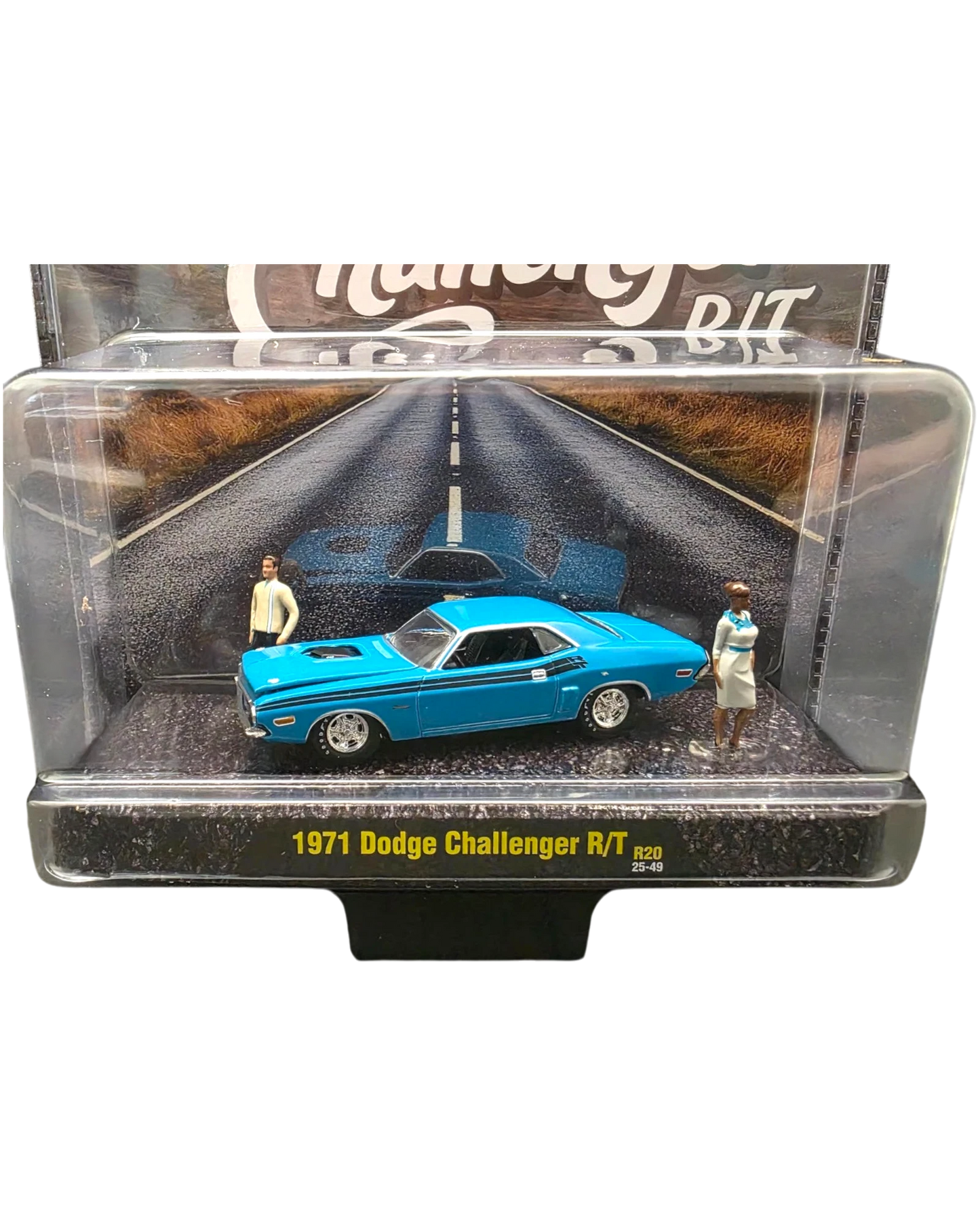More Than Diecast 1:64 scale 1971 Dodge Challenger R/T in bright blue with two figures in a diorama display case