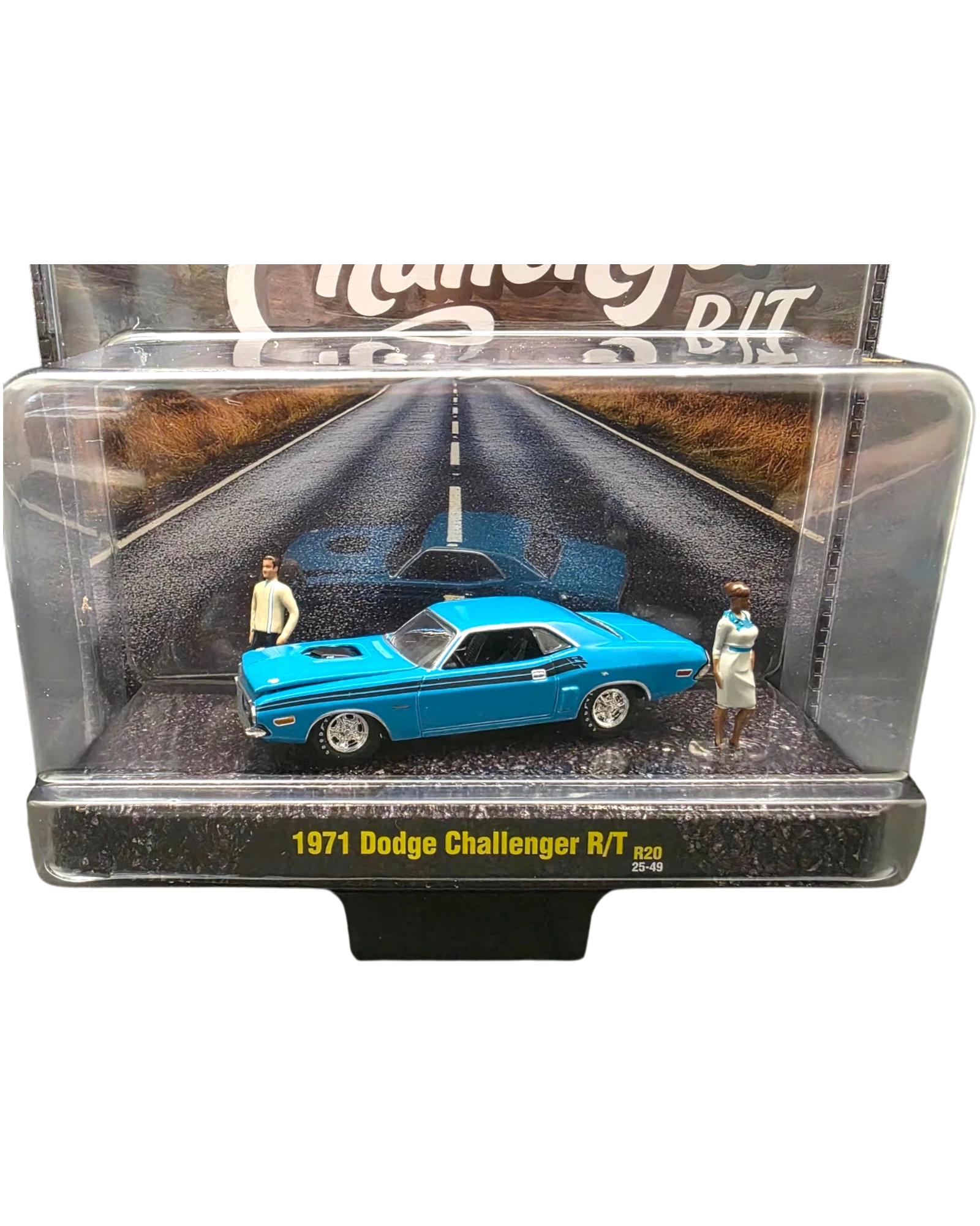 More Than Diecast 1:64 scale 1971 Dodge Challenger R/T in bright blue with two figures in a diorama display case