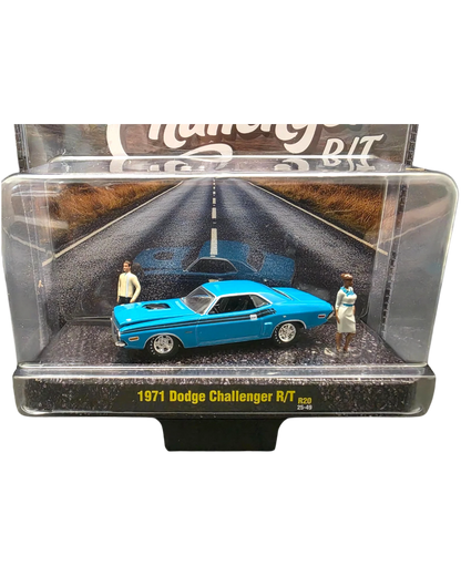 More Than Diecast 1:64 scale 1971 Dodge Challenger R/T in bright blue with two figures in a diorama display case