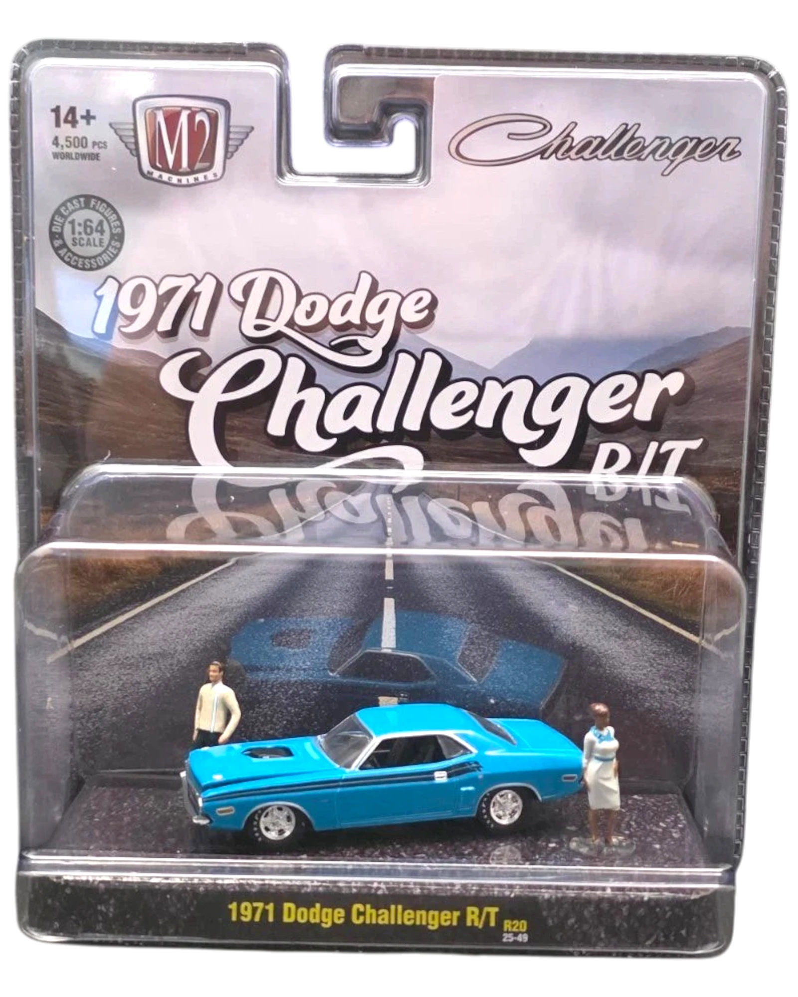 More Than Diecast 1:64 scale 1971 Dodge Challenger R/T diorama set with two figures in blister packaging