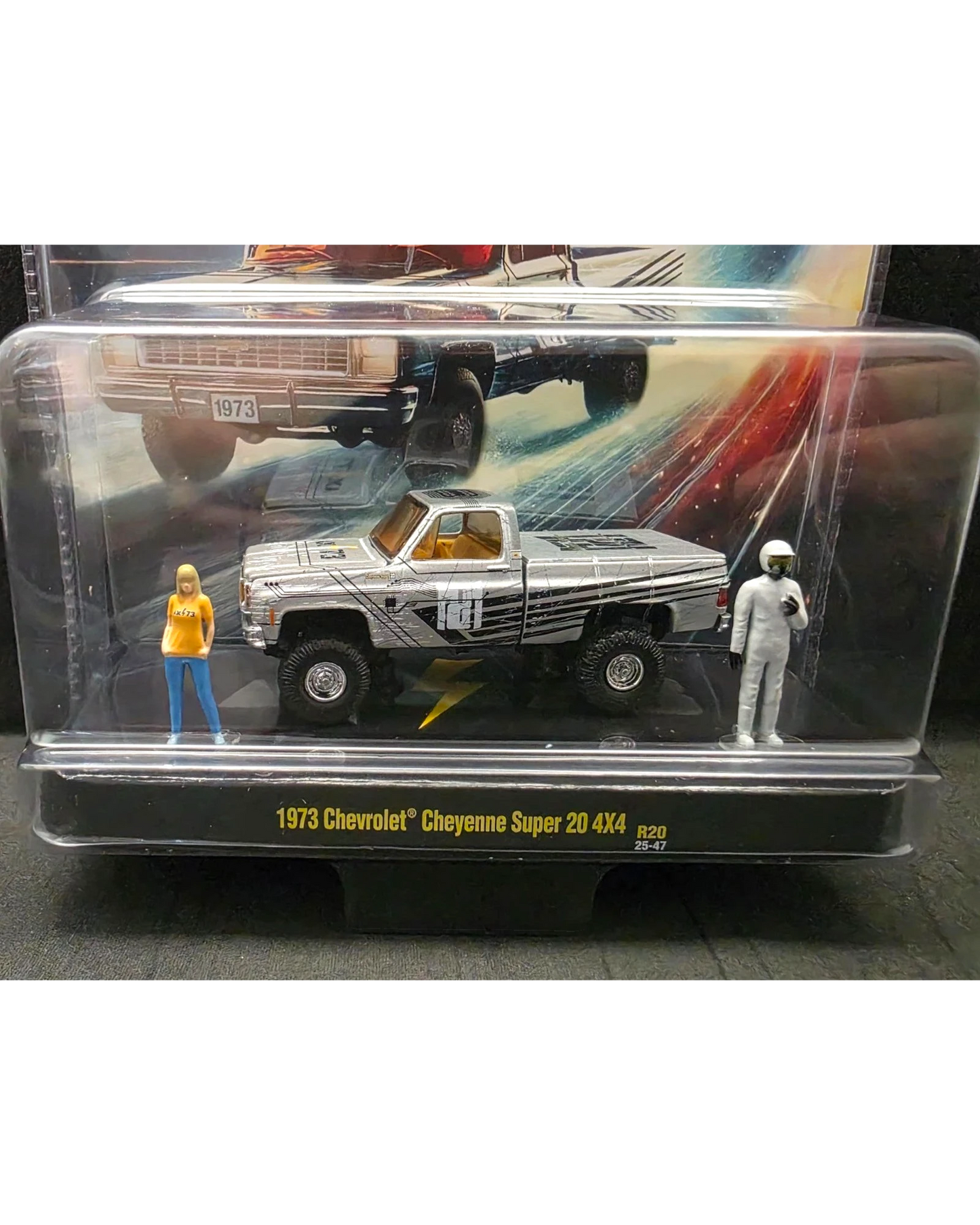 More Than Diecast M2 Time Chase 1973 Chevrolet Cheyenne Super 20 4x4 truck model with two figures in blister pack