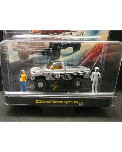 More Than Diecast M2 Time Chase 1973 Chevrolet Cheyenne Super 20 4x4 truck model with two figures in blister pack