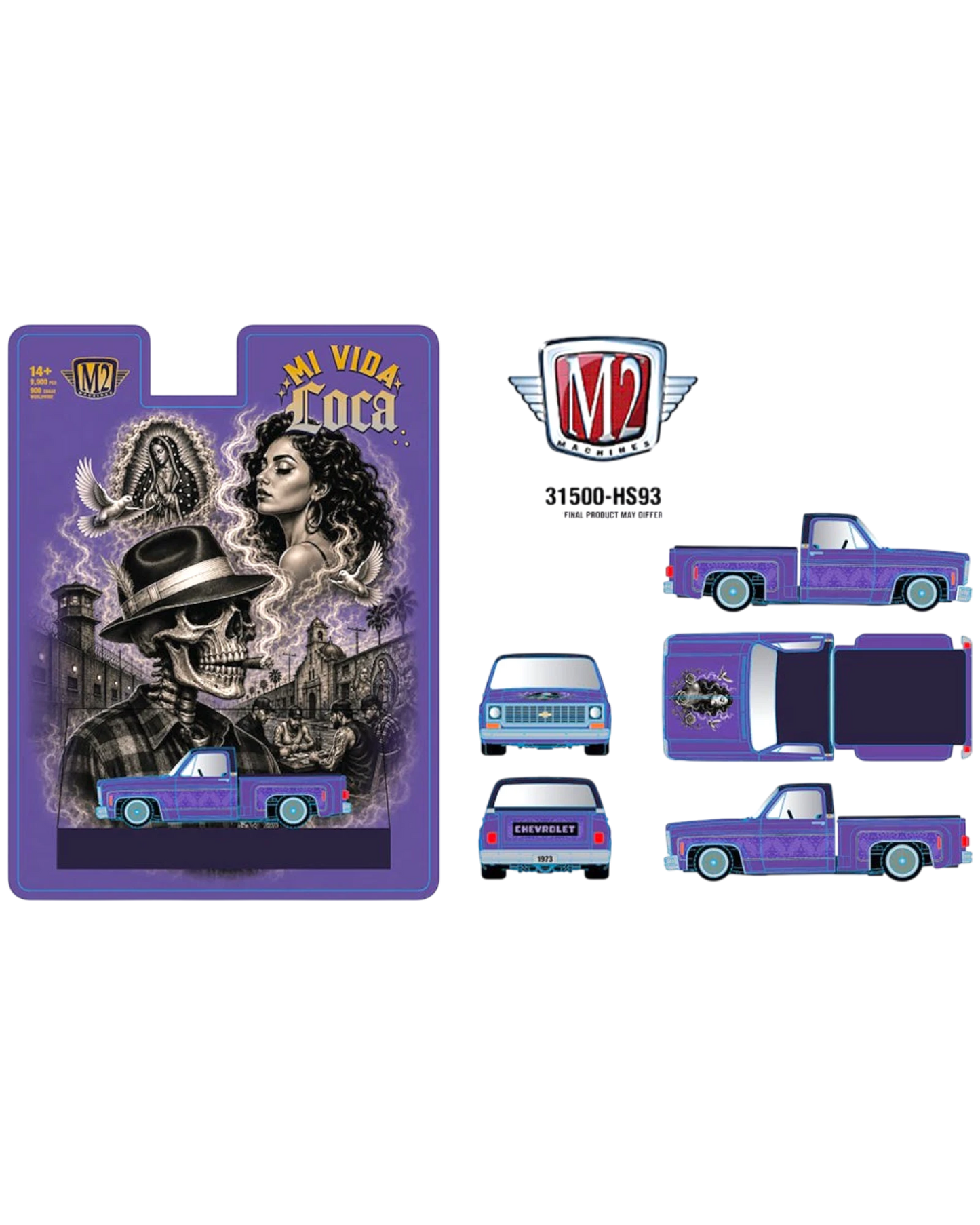 More Than Diecast M2 Machines 1:64 1973 Chevrolet Cheyenne Mi Vida Loca purple diecast truck with custom graphics