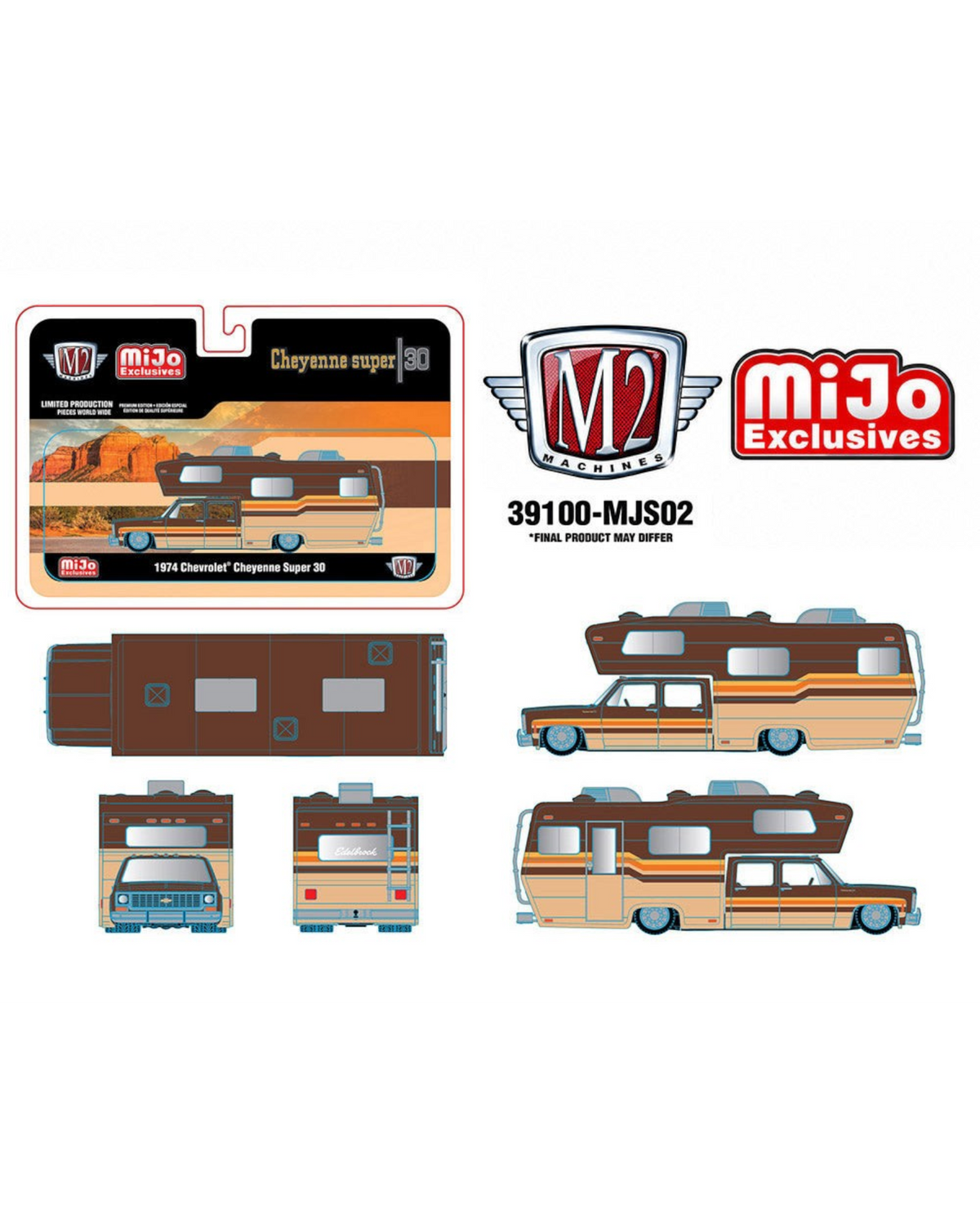 More Than Diecast 1:64 scale 1974 Chevrolet Cheyenne Super 30 custom camper in beige and brown two-tone finish.