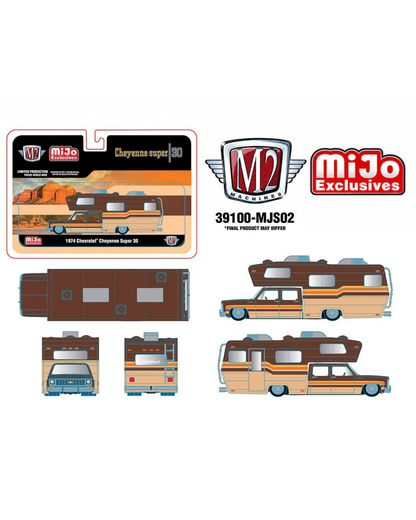 More Than Diecast 1:64 scale 1974 Chevrolet Cheyenne Super 30 custom camper in beige and brown two-tone finish.