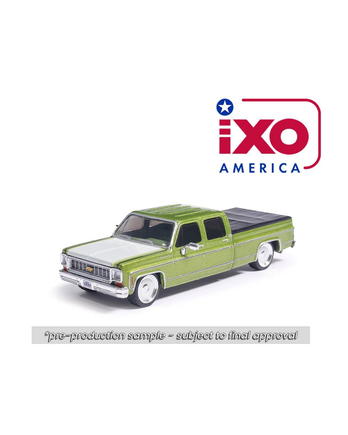 More Than Diecast 1:64 scale 1974 Chevrolet Cheyenne Super C10 crew cab truck in metallic lime green with lowered stance