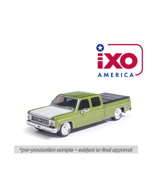 More Than Diecast 1:64 scale 1974 Chevrolet Cheyenne Super C10 crew cab truck in metallic lime green with lowered stance