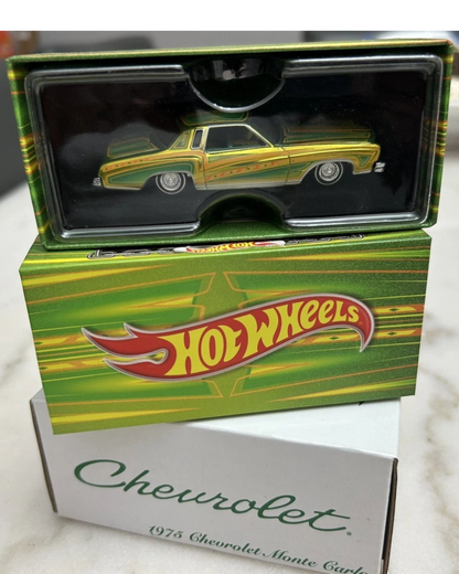 More Than Diecast Hot Wheels 1975 Chevrolet Monte Carlo RLC Exclusive lowrider in green and yellow packaging