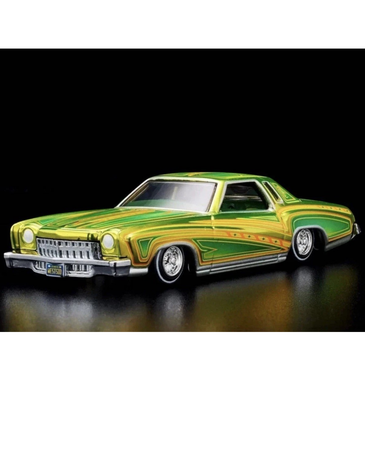 More Than Diecast Hot Wheels 1975 Chevrolet Monte Carlo RLC Exclusive lowrider with green and gold custom paint job