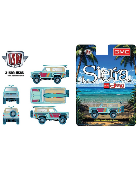 More Than Diecast 1:64 scale turquoise 1975 GMC Jimmy Sierra 4x4 Custom with surfboard on roof rack.