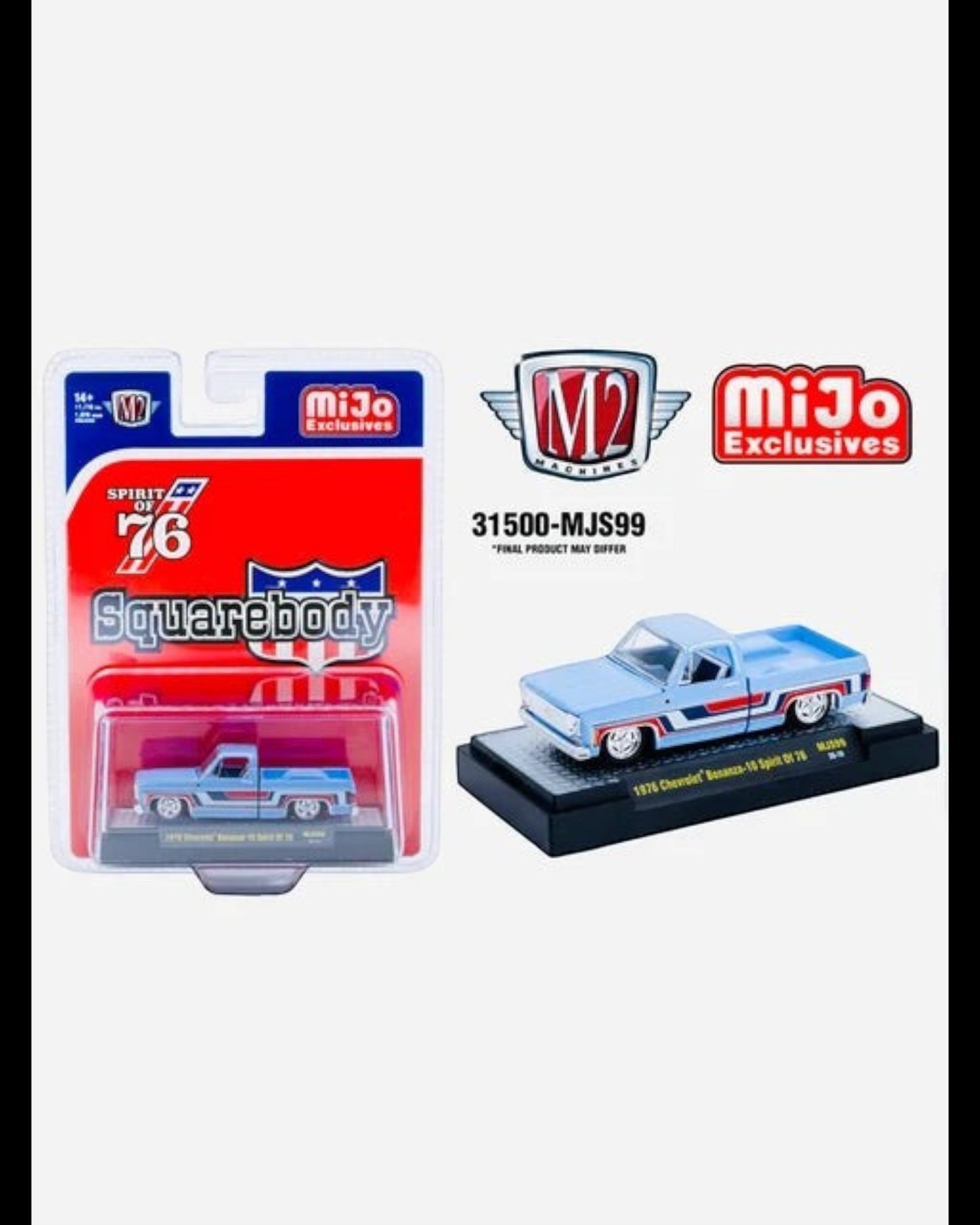 More Than Diecast M2 Machines 1976 Chevy Silverado Bonanza-10 Spirit of 76 light blue die-cast truck in packaging.