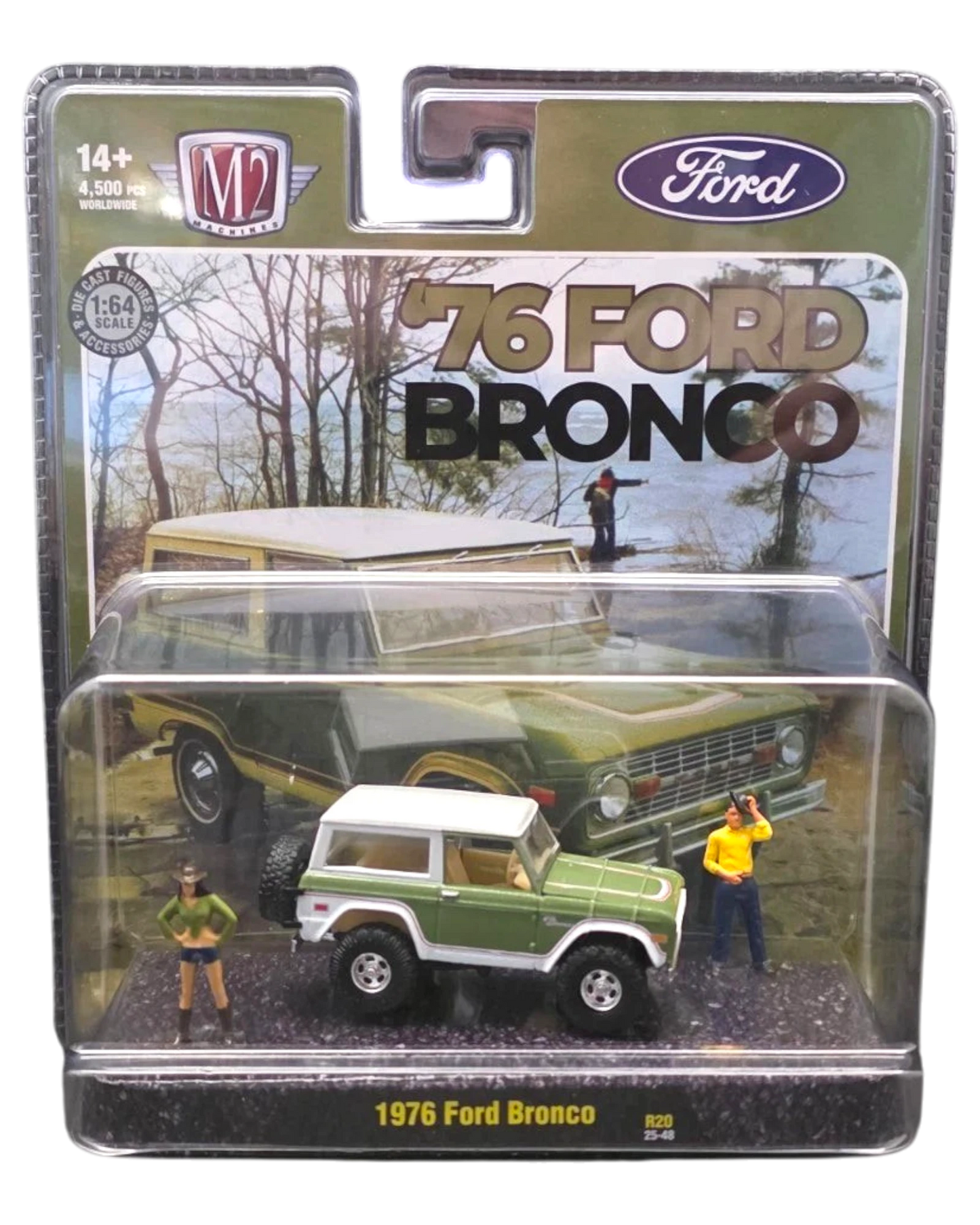 More Than Diecast 1:64 scale 1976 Ford Bronco diorama set in green and white with two miniature figures in packaging