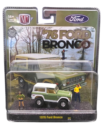 More Than Diecast 1:64 scale 1976 Ford Bronco diorama set in green and white with two miniature figures in packaging
