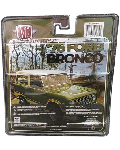 More Than Diecast M2 1976 Ford Bronco diorama set in 1:64 scale featuring a green diecast truck and two figures