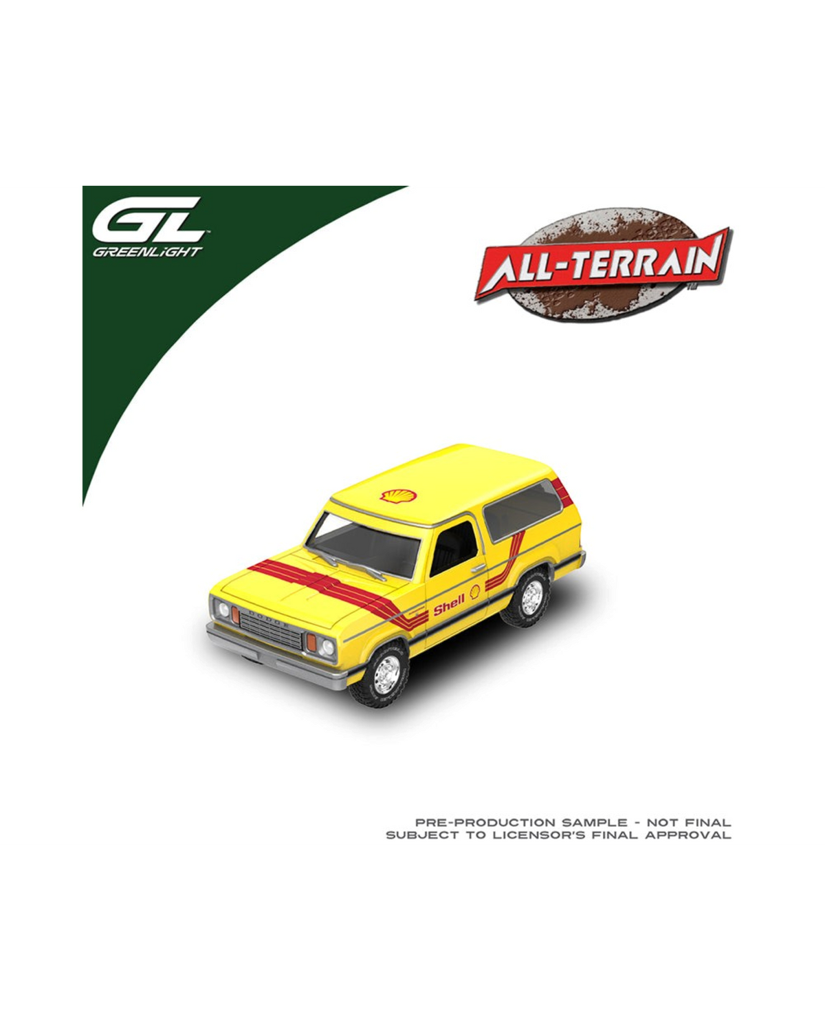 More Than Diecast 1:64 scale 1977 Dodge Ramcharger diecast model in yellow with Shell branding and off-road tires