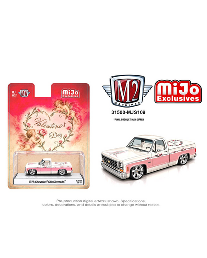 More Than Diecast 1:64 1978 Chevrolet C10 Silverado Valentine's Day Edition truck in pink and white with custom decals.