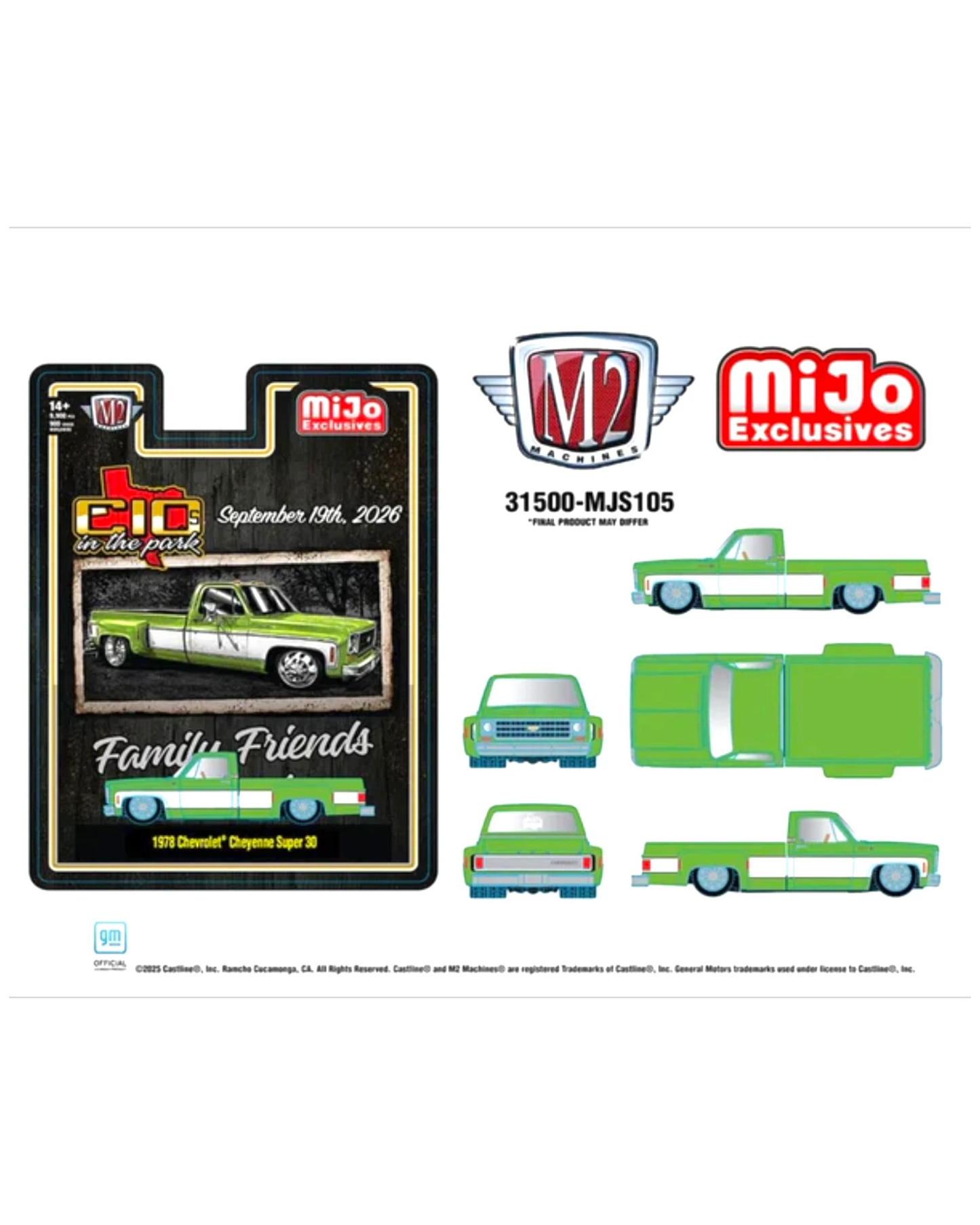 More Than Diecast M2 Machines 1978 Chevrolet Cheyenne Super 30 two-tone green and white die-cast truck.