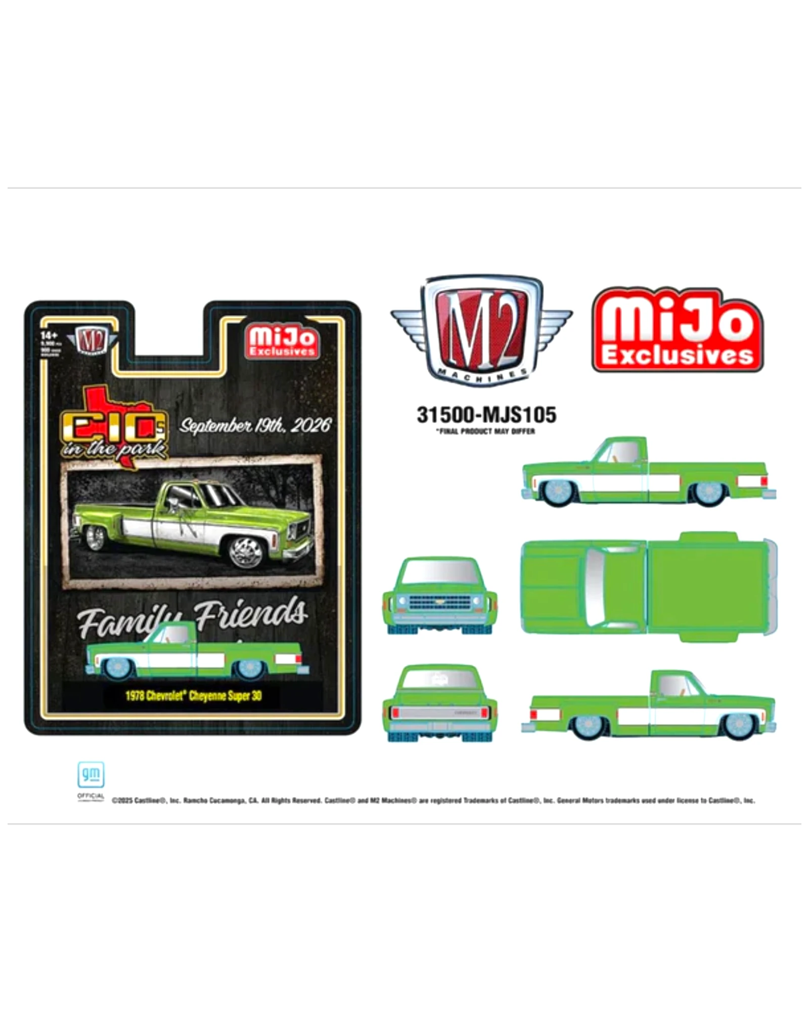 More Than Diecast M2 Machines 1978 Chevrolet Cheyenne Super 30 two-tone green and white die-cast truck.