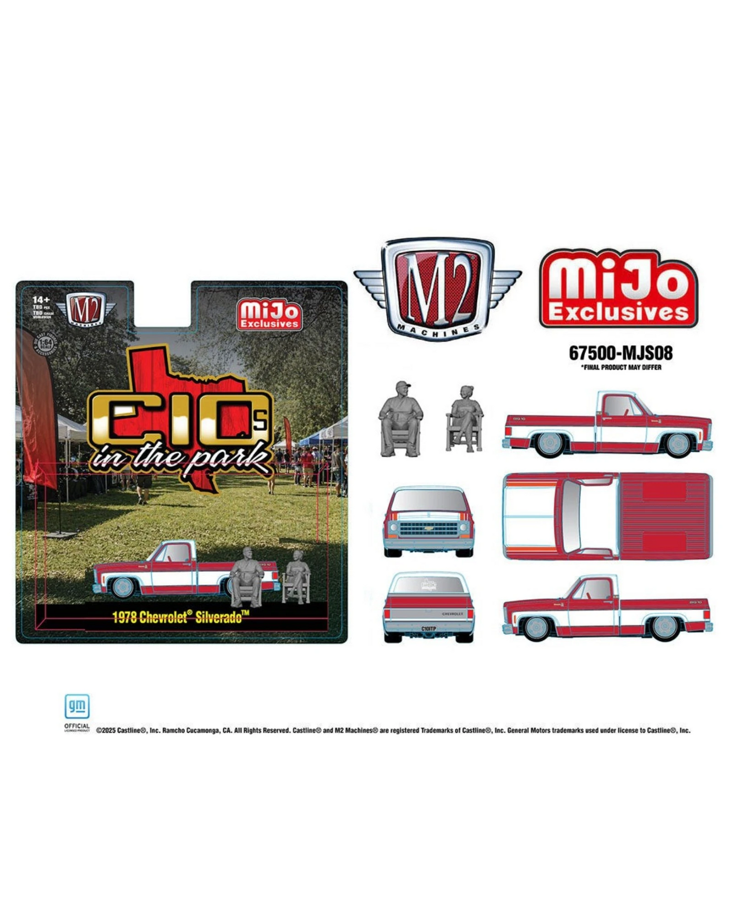 More Than Diecast 1978 Chevrolet Silverado 1:64 scale die-cast truck in two-tone red and white with two figures. Diorama Series C10s In The Park.
