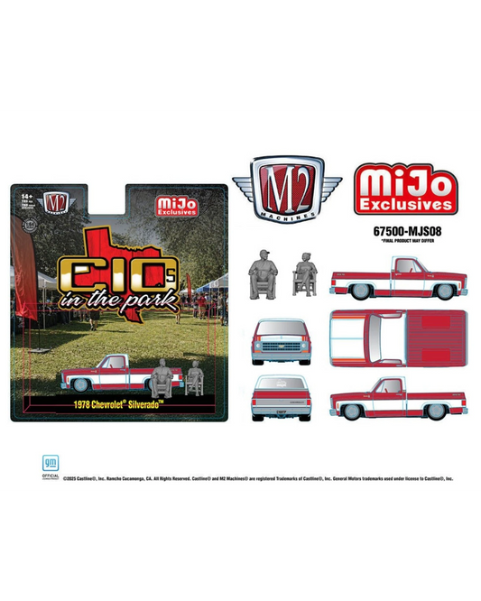 More Than Diecast 1978 Chevrolet Silverado 1:64 scale die-cast truck in two-tone red and white with two figures. Diorama Series C10s In The Park.