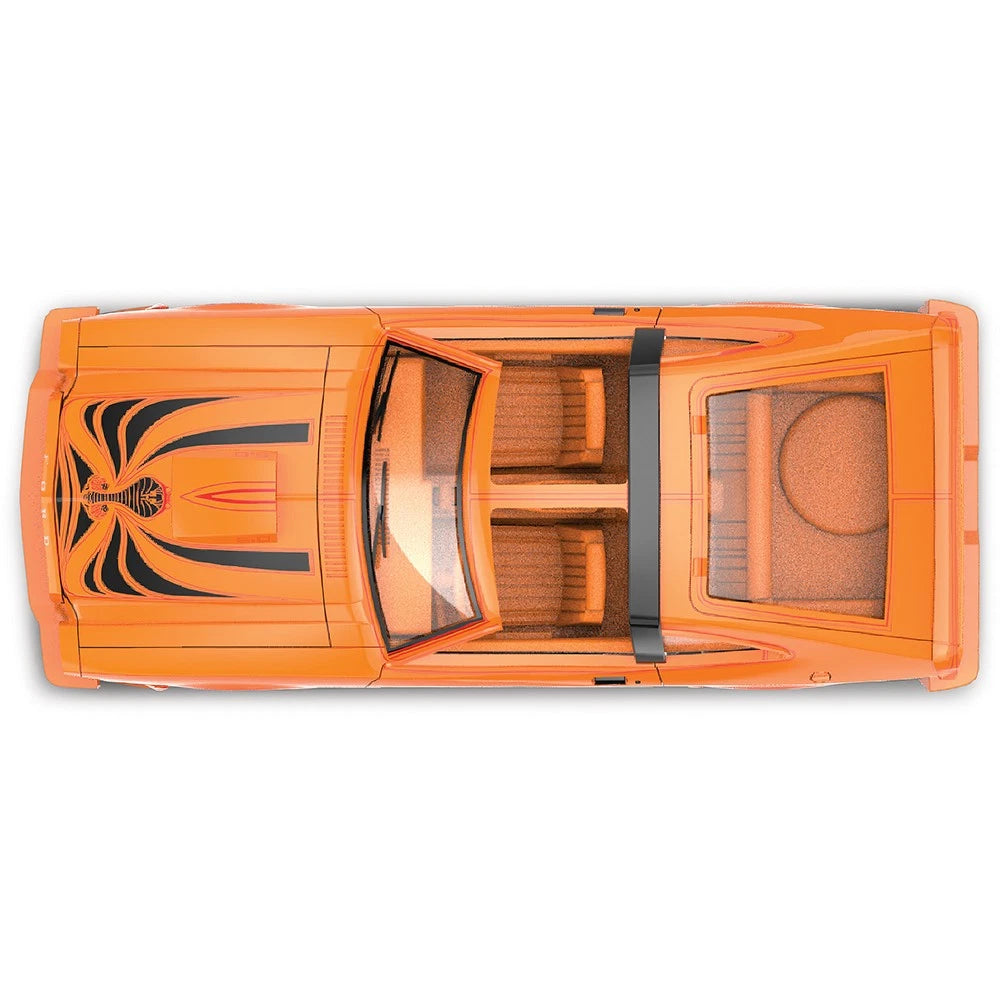 More Than Diecast 1978 Ford Mustang King Cobra II model car in tangerine and black, top-down view.