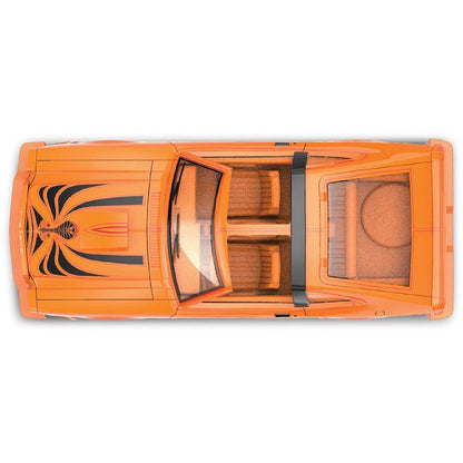 More Than Diecast 1978 Ford Mustang King Cobra II model car in tangerine and black, top-down view.