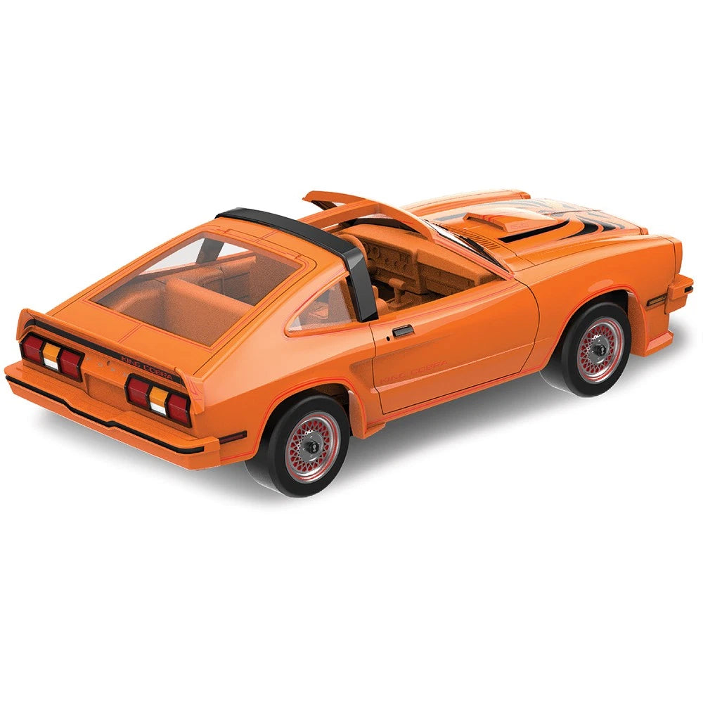 More Than Diecast 1978 Ford Mustang King Cobra II model car in tangerine and black with a T-top roof design.