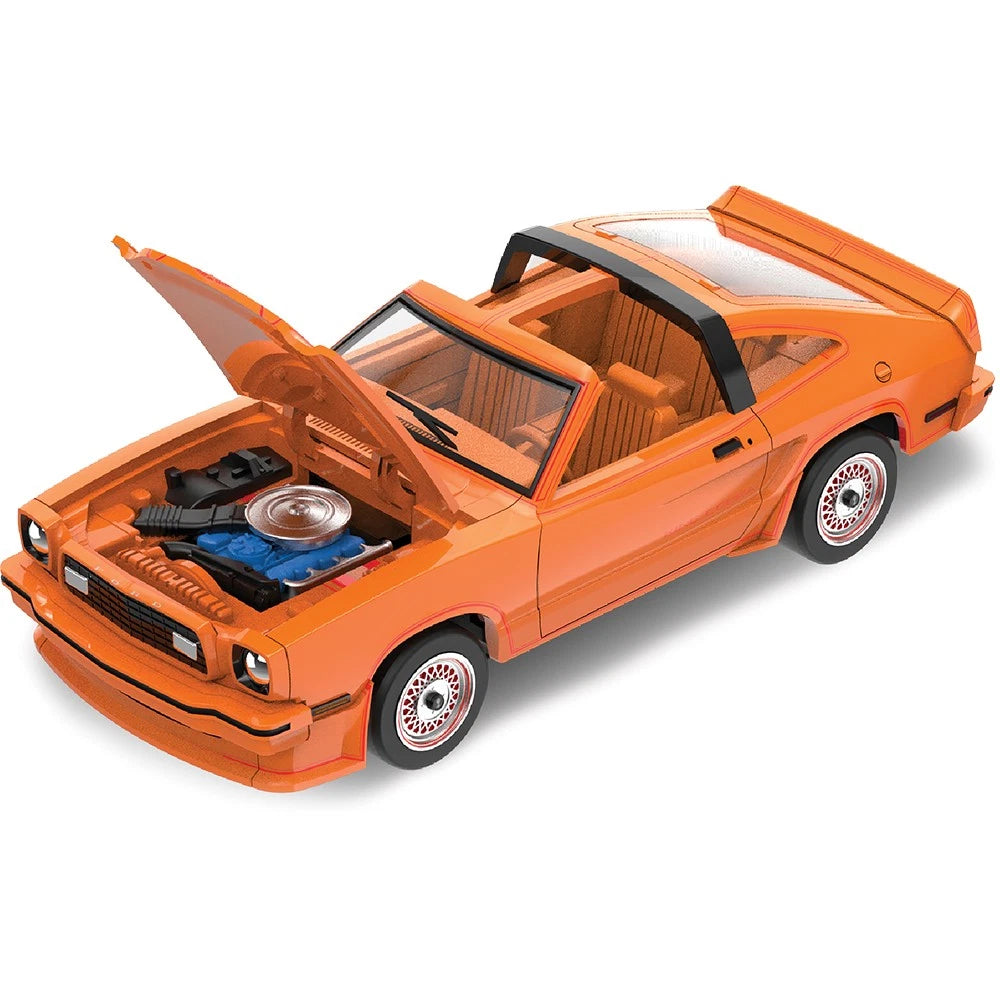 More Than Diecast 1978 Ford Mustang King Cobra II model car in tangerine and black with open hood