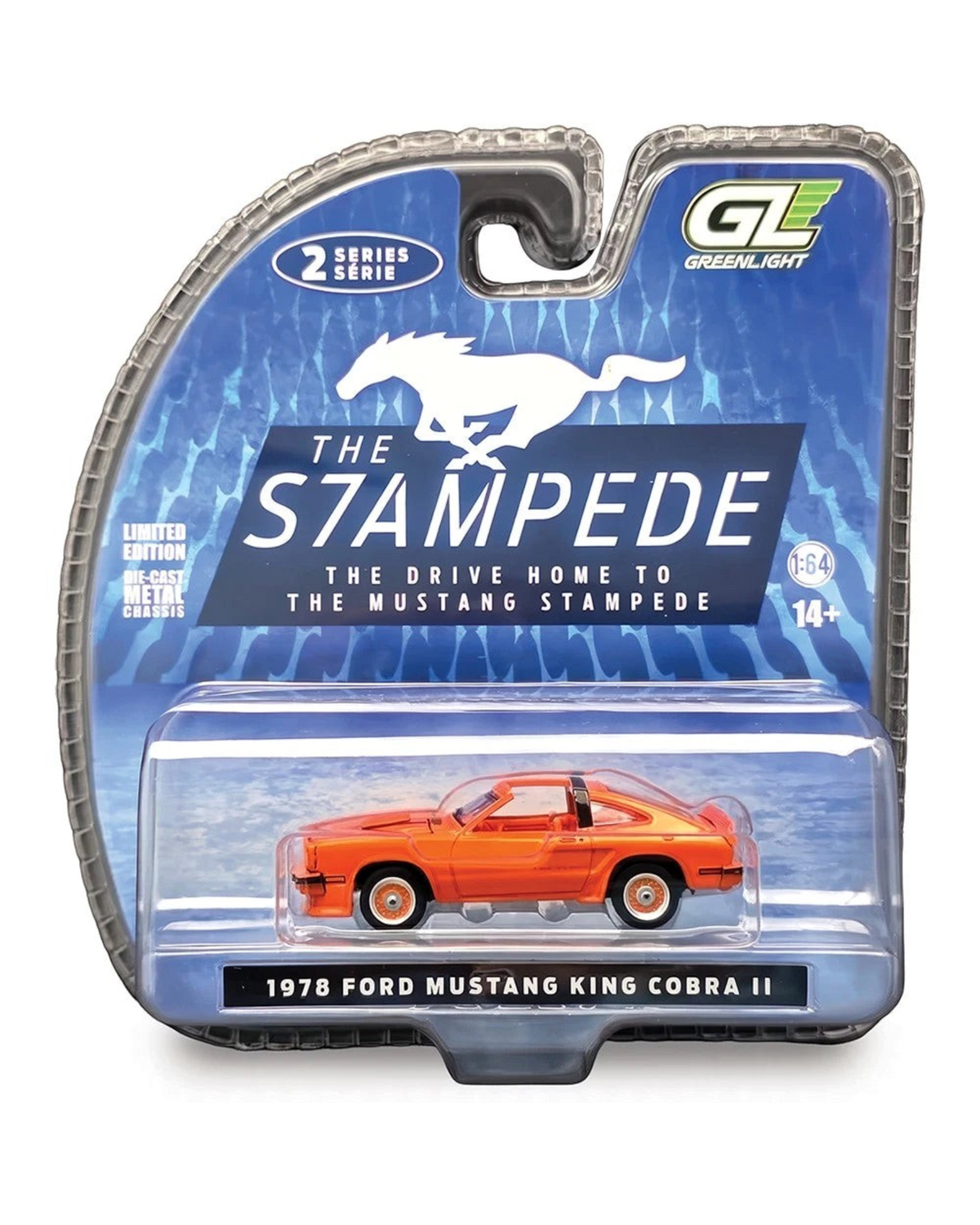 More Than Diecast 1978 Ford Mustang King Cobra II model car in tangerine and black, packaged in a blister card.