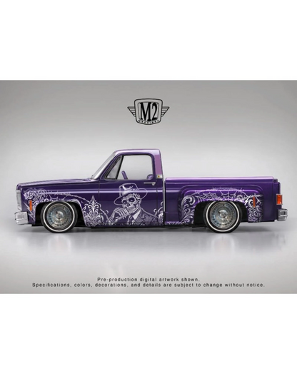 More Than Diecast M2 Machines 1979 Chevrolet Silverado Stepside in purple with intricate Day of the Dead side graphics
