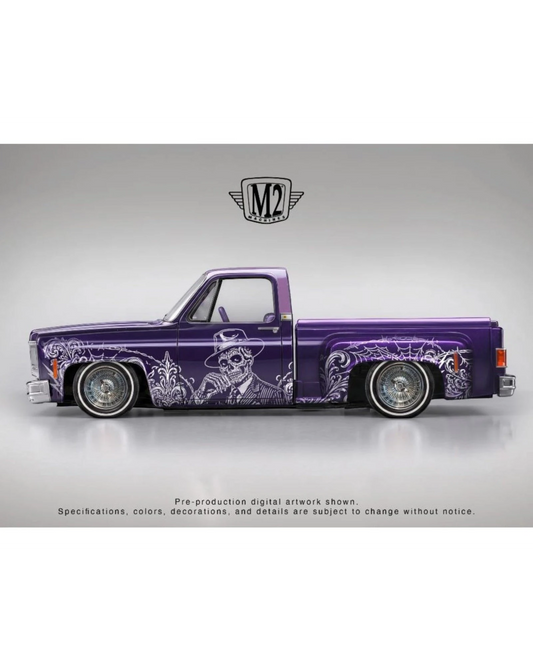 More Than Diecast M2 Machines 1979 Chevrolet Silverado Stepside in purple with intricate Day of the Dead side graphics