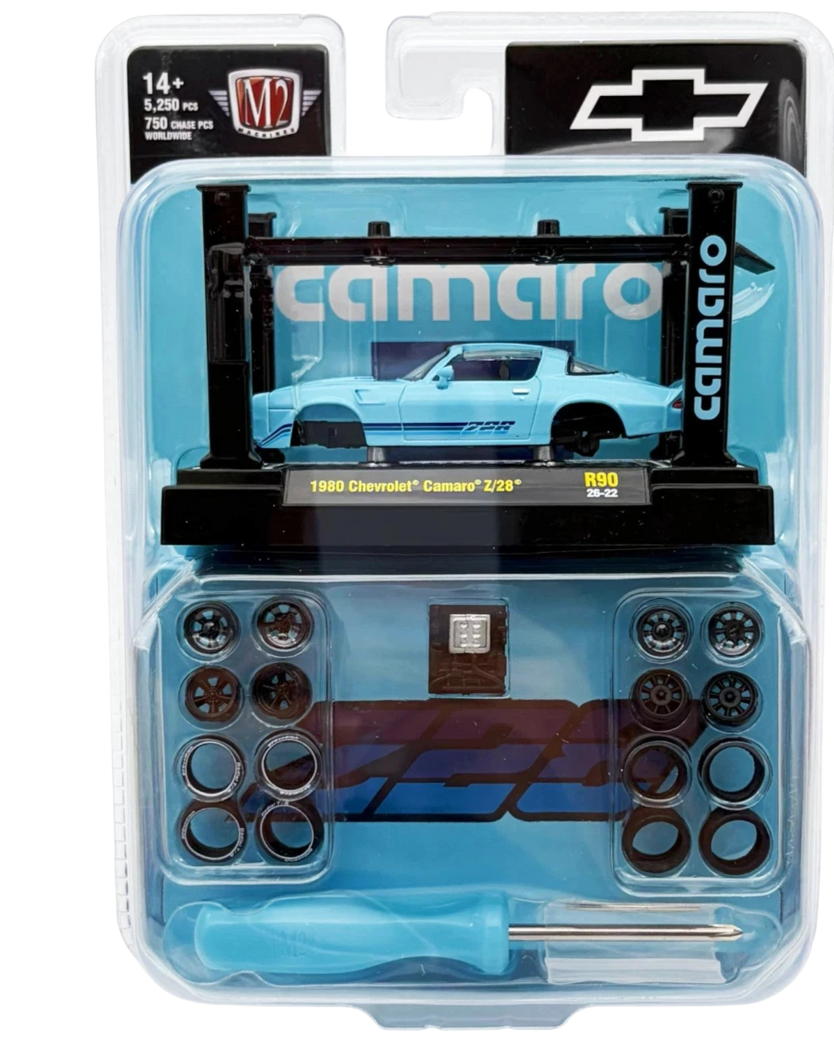 More Than Diecast M2 Machines 1980 Chevrolet Camaro Z/28 blue model kit with interchangeable wheels and screwdriver
