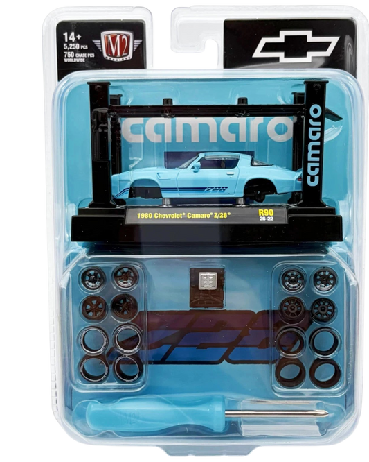More Than Diecast M2 Machines 1980 Chevrolet Camaro Z/28 blue model kit with interchangeable wheels and screwdriver