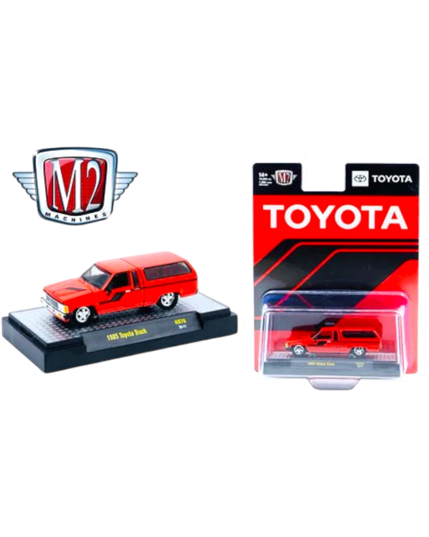 More Than Diecast M2 Machines 1985 Toyota Truck with camper shell in red, 1:64 scale die-cast model on display base.