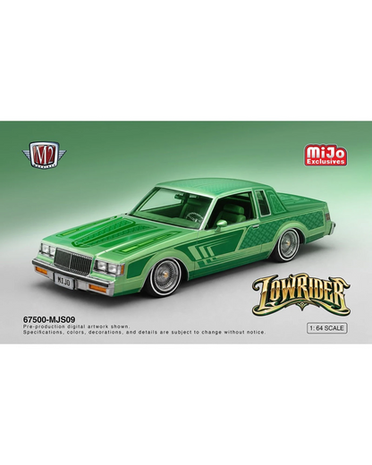More Than Diecast M2 Machines 1:64 scale 1987 Buick Regal lowrider model car in green with custom paint and wire wheels