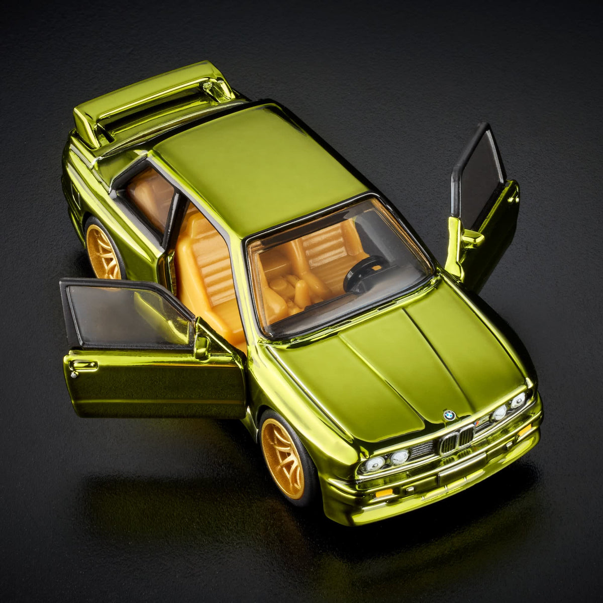 More Than Diecast 1:64 scale Hot Wheels RLC 1991 BMW M3 in Spectraflame olive with opening doors and gold wheels.