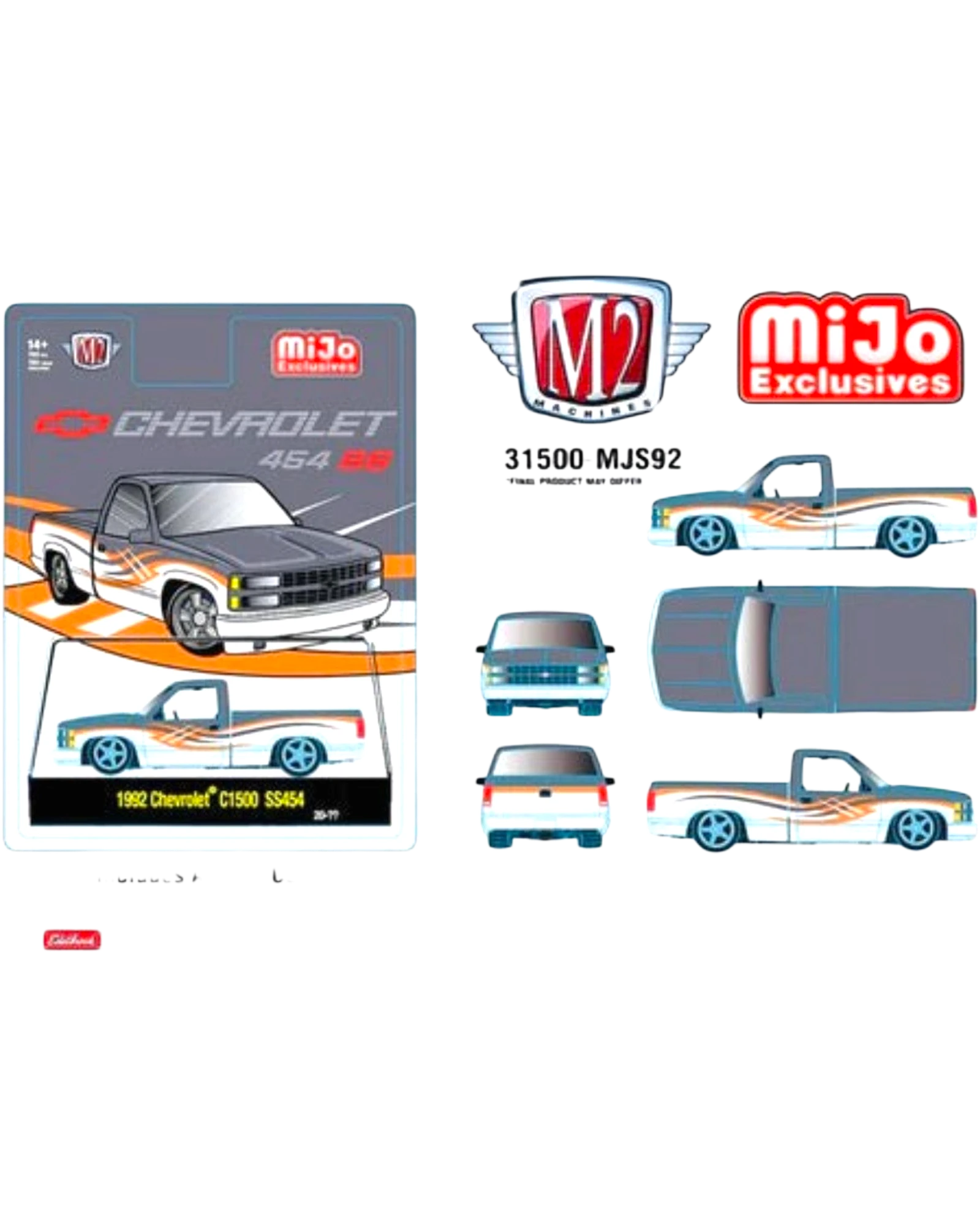 More Than Diecast M2 Machines Mijo Exclusive 1992 Chevy C1500 SS 454 die-cast truck in packaging with multi-view art