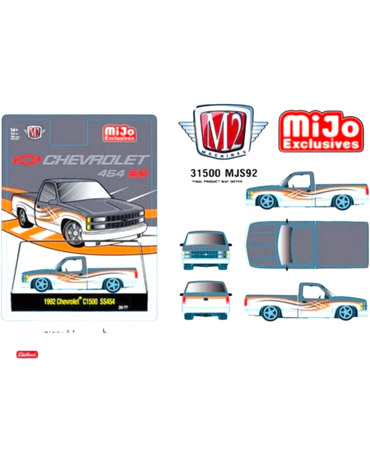 More Than Diecast M2 Machines Mijo Exclusive 1992 Chevy C1500 SS 454 die-cast truck in packaging with multi-view art